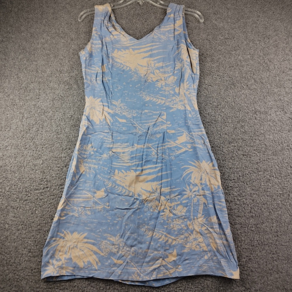 VTG Tiki Classics SIlk Dress Sz Medium Blue Tropical Palm Tree Silk Sleeveless